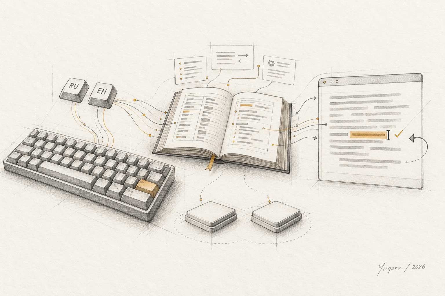 Pencil drawing of a keyboard, dictionary and text window with a highlighted correction.